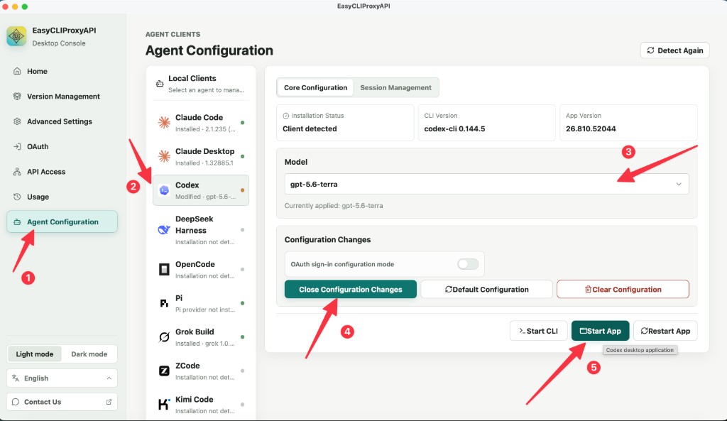 EasyCLI Agent Configuration: chọn Codex, model gpt-5.6-terra, Apply, Start App